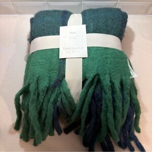 Threshold Woven wool blend  green and blue Throw Blanket new